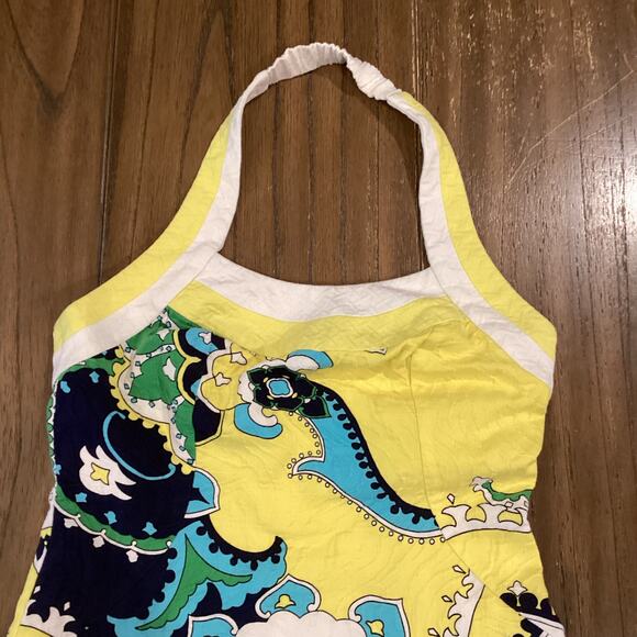 Muse yellow blue halter retro Floral Tropical Halter waffle cotton Dress Size 6 - Picture 10 of 10